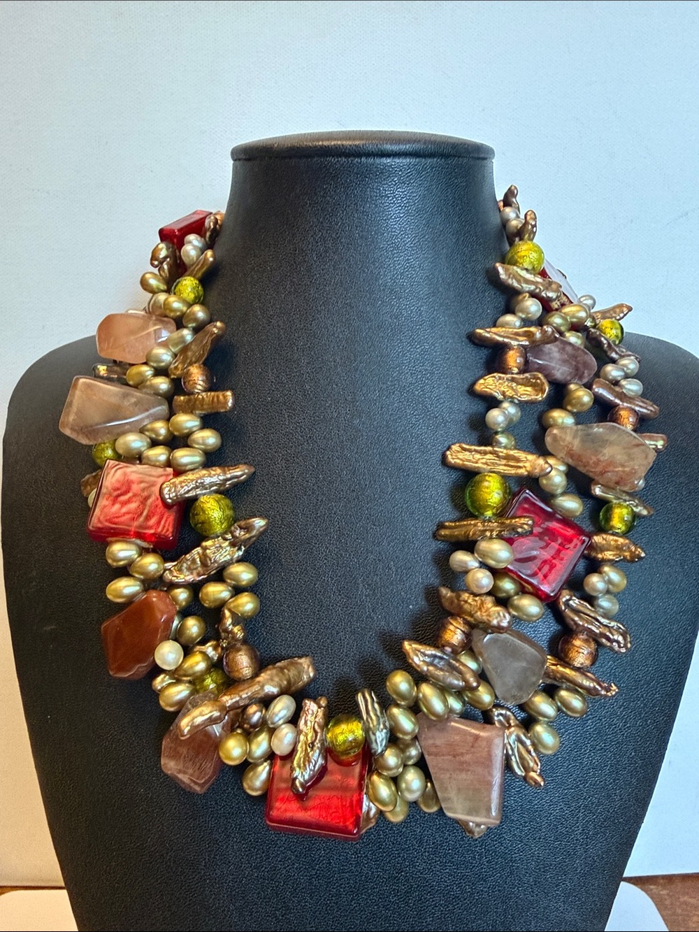 Multi-Tone Pearl & Beaded Triple Strand Necklace in Red, Gold & Green